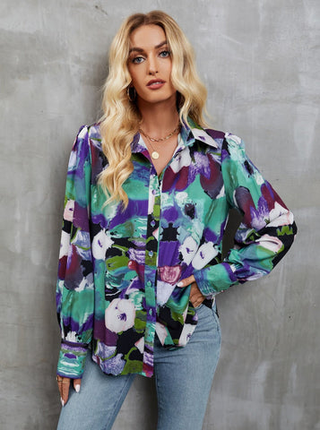 Sonicelife-Casual Floral Print Button Up Long Sleeve Shirt