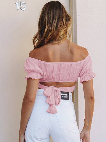 Sonicelife-Off Shoulder Back Tie Short-Sleeved Ruffled Crop Top