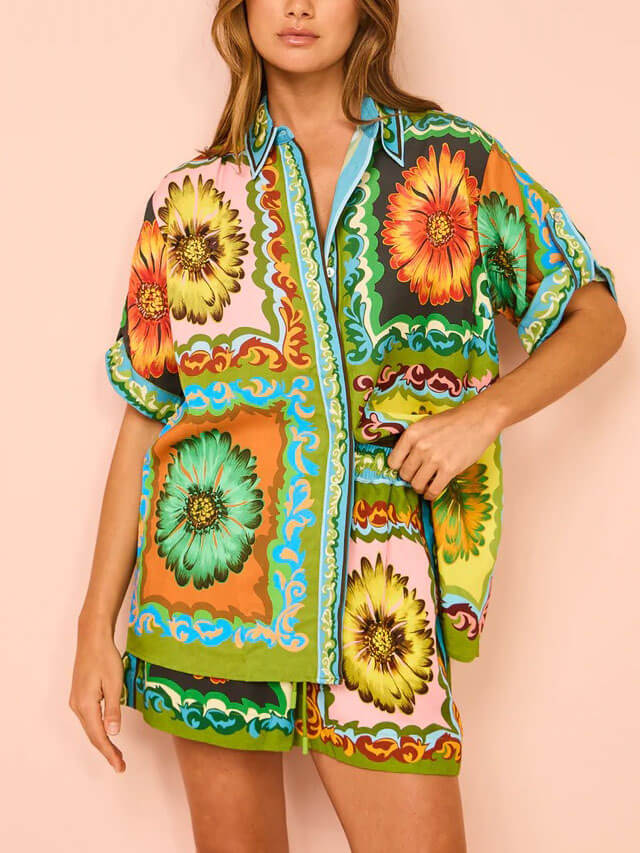 Sonicelife-Sunflower Print Button-Down Oversized Shirt