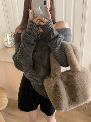 Sonicelife Solid Off Shoulder Knit Sweater