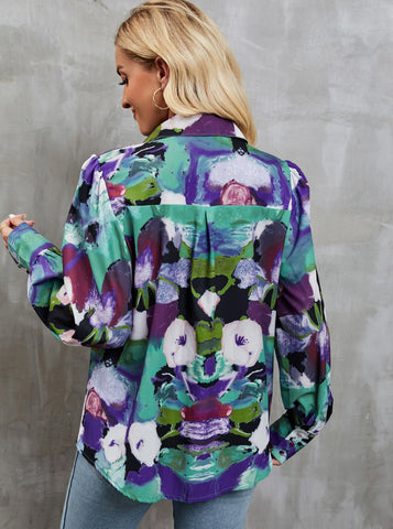 Sonicelife-Casual Floral Print Button Up Long Sleeve Shirt