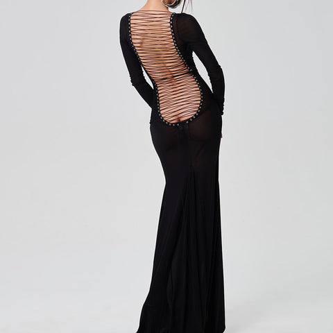 avant garde dress to impress Fashionable New Autumn Women's Clothing Sexy Mesh Backless Lace-up Long Sleeve Super Long Dress Women