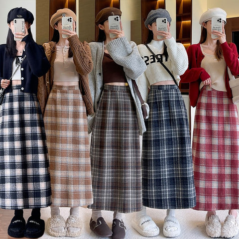 trending fall outfits 2024 Woolen Hip Skirt Autumn and Winter Retro 2024 New Mid-Length Skirt Women's Versatile High Waist Slimming A- line Plaid Skirt