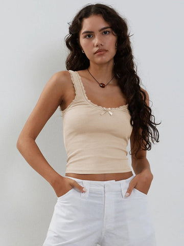 Sonicelife-Beige Tank Lace Sleeveless Crop Top