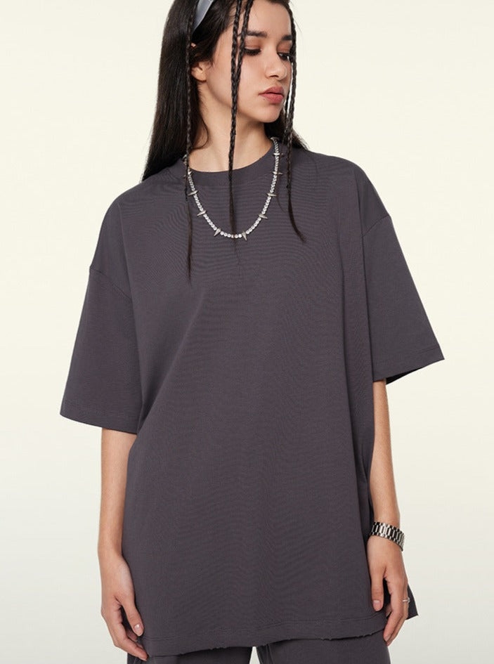 Sonicelife-Solid Color Frayed Half-Sleeved Trendy Tops