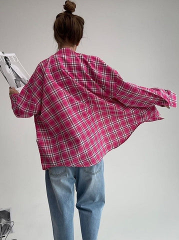 Sonicelife-Pink Plaid Long Sleeve Loose Shirt