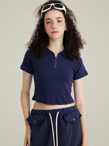 Sonicelife-Blue Fashionable Semi-Open Lapel Short-Sleeved Top