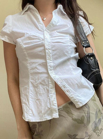 Sonicelife-Women's Small Pleated Simple Back Strap Short Sleeve Shirt