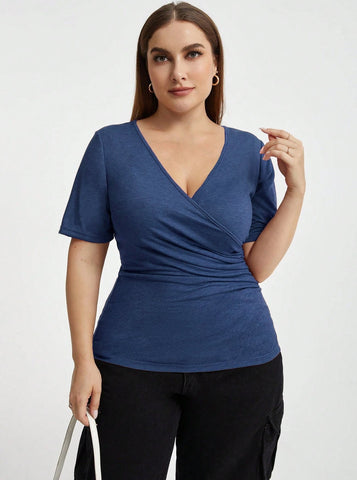 Sonicelife-V-Neck Autumn Solid Color Sexy Short-Sleeved Top