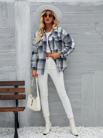 Sonicelife-Gray Plaid Button Up Classic Long Sleeve Cardigan