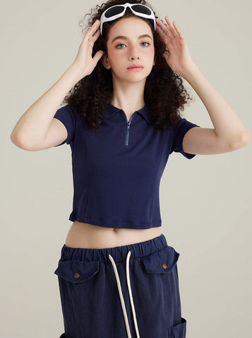 Sonicelife-Blue Fashionable Semi-Open Lapel Short-Sleeved Top