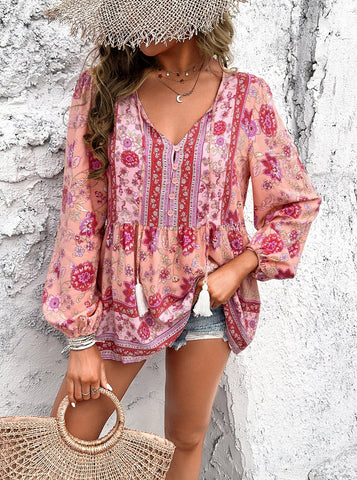 Sonicelife-Bohemian V-Neck Tassel Tie Long Sleeve Shirt