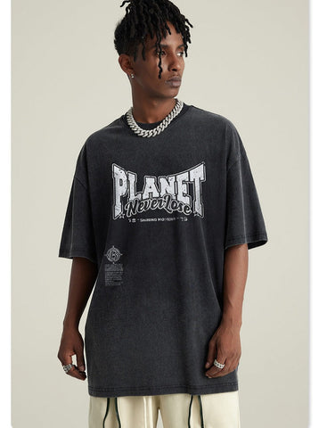 Sonicelife-Spring Black Basic Planet Printed Oversized Shirt