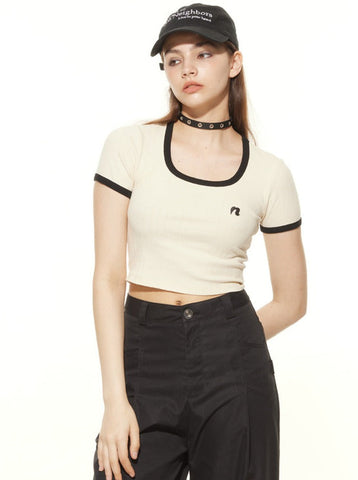 Sonicelife-Sexy Square Collar Navel-Baring Short Sleeved T-Shirt