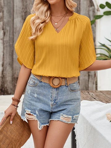 Sonicelife-Solid Color V-Neck Slim Hollow Tops