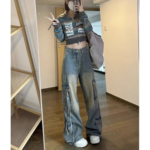 grunge outfits American High Street Vibe Hot Girl Workwear Jeans Women's Small High Waist Loose Slimming Wide Leg Straight Trousers Fashion