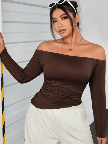 Sonicelife-Brown One-Line Collar Off-Shoulder Sexy Top