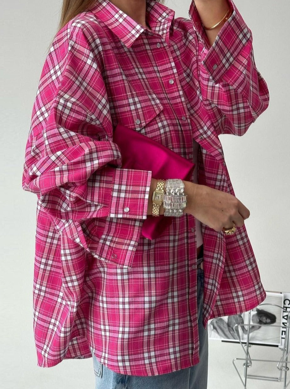 Sonicelife-Pink Plaid Long Sleeve Loose Shirt