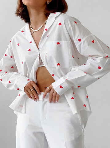 Sonicelife-Heart Print Long Sleeve Pocket Shirt