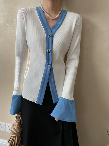 Sonicelife-Casual V-Neck Flare Sleeve Knitted Loose Cardigan