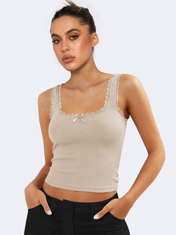 Sonicelife-Beige Tank Lace Sleeveless Crop Top