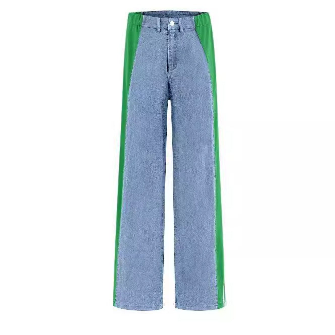 dti outfits 2024 Women's New Casual Fashion All-Match High Waist Stretch Contrast Color Knitted Stitching Denim Straight Trousers