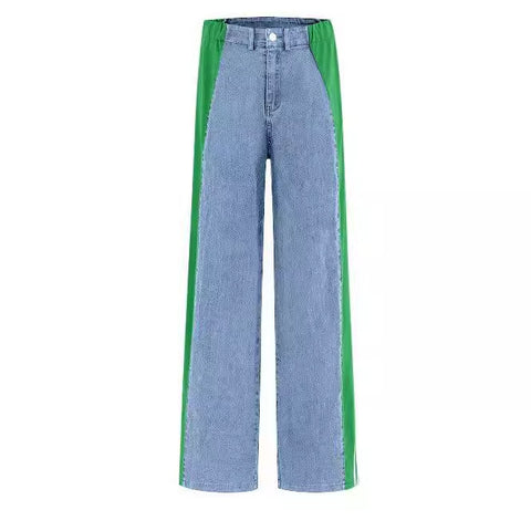 dti outfits 2024 Women's New Casual Fashion All-Match High Waist Stretch Contrast Color Knitted Stitching Denim Straight Trousers