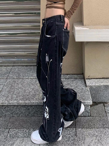 Sonicelife Patchwork Paisley Print Boyfriend Jeans