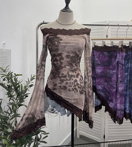 Tie-Dyed Leopard Print Lace Stitching Double-Layer Mesh off-Shoulder Irregular Flared Top 9912