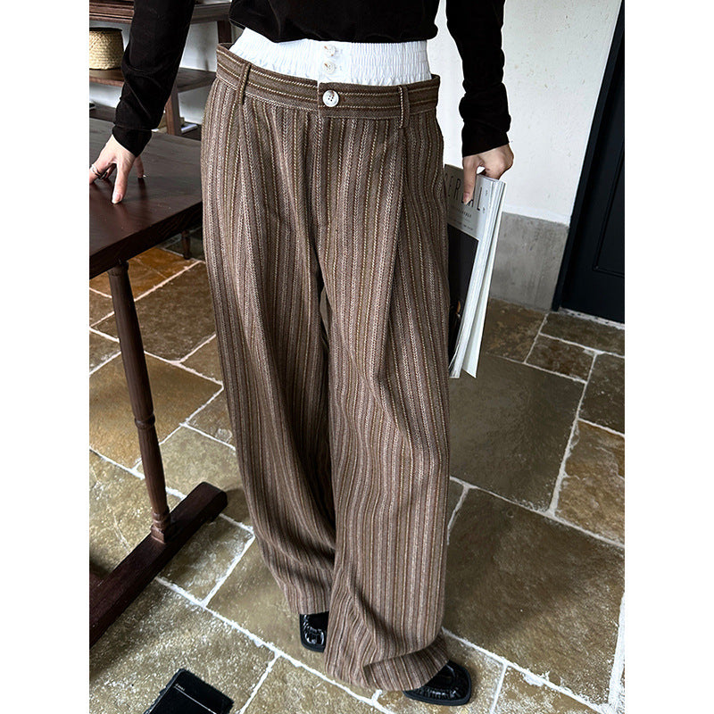 skater boy outfits Dtwo Autumn and Winter Contrast Color Stitching Striped Woolen Wool Mopping Pants Trousers Straight Pants Original Niche Design Women's Pants