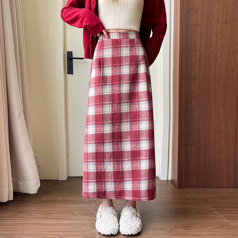 trending fall outfits 2024 Woolen Hip Skirt Autumn and Winter Retro 2024 New Mid-Length Skirt Women's Versatile High Waist Slimming A- line Plaid Skirt