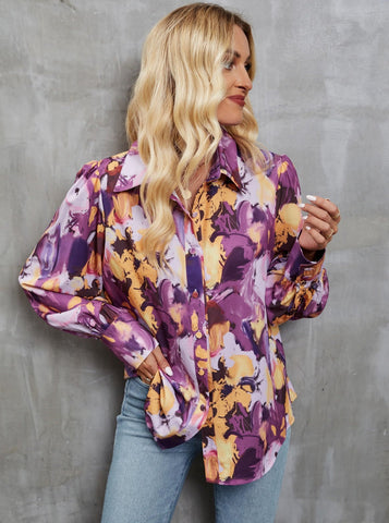 Sonicelife-Casual Floral Print Button Up Long Sleeve Shirt