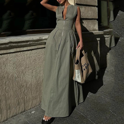 dress to impress outfits 2024 New Fashion Ladies Fashion Casual Sleeveless Solid Color Waist Dress
