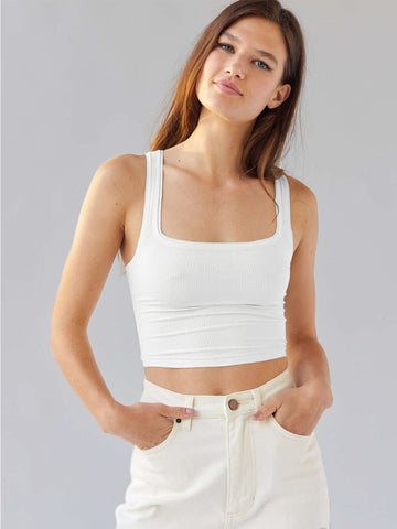 Sonicelife-White Square Neck Sleeveless Tank Top