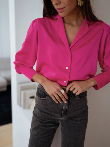 Sonicelife-Pink Women Loose Button Down Long Sleeve Shirt