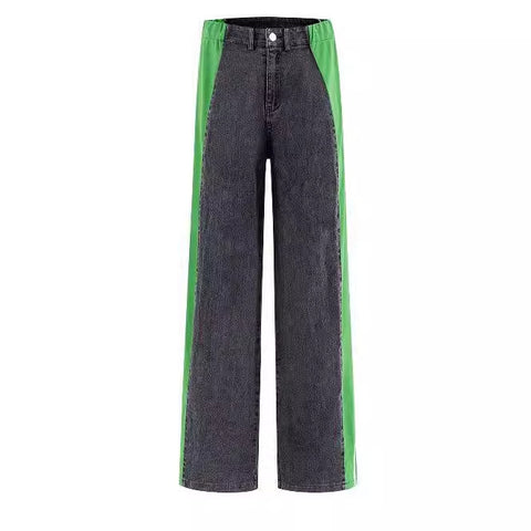 dti outfits 2024 Women's New Casual Fashion All-Match High Waist Stretch Contrast Color Knitted Stitching Denim Straight Trousers