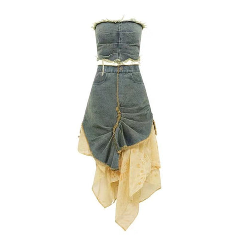 y2k outfits [Two-Piece Set] Hot Girl Irregular Tube Top Denim + Distressed Tie-Dye Stitching Skirt Suit