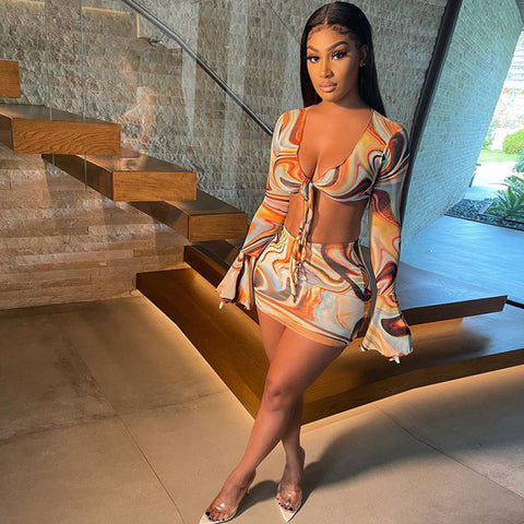 Sonicelife hoco dresses Bow Lace Print Sheath  Women Two Piece Sets 2024 Flare Sleeve V-Neck Hot Female Mesh Ruched Clubwear Outfits