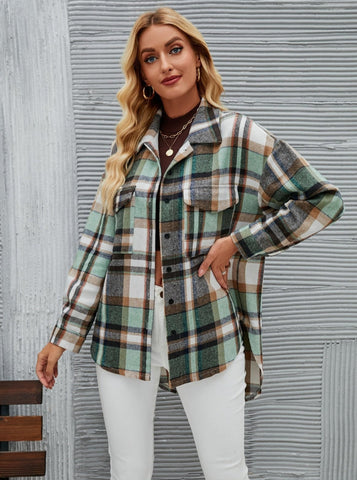 Sonicelife-Plaid Button Up Classic Long Sleeve Cardigan