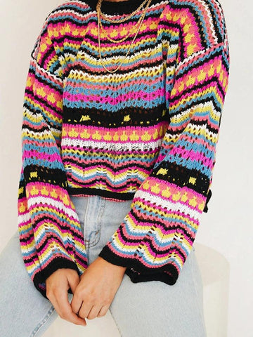 Sonicelife Rainbow Stripe Crochet Knit Sweater