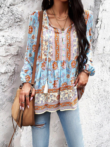 Sonicelife-Bohemian V-Neck Tassel Tie Long Sleeve Shirt