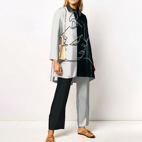 Sonicelife Women Sets Autumn Winter Geometric Color Block Patchwork Printed Straight Tube Suit Loose Style Two-piece Sets