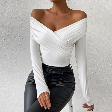 leapord halloween outfit 2024 Autumn and Winter Sexy Deep V Long-Sleeved Women's Small Top Pleated off-the-Shoulder Women's Clothing