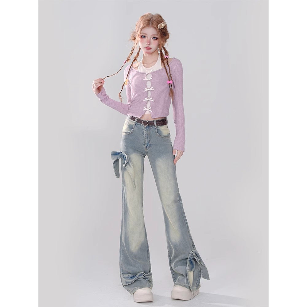 y2k American Style Retro Bow Micro Flared Jeans for Women 2024 New Summer High Waist Mopping Pants Fashion