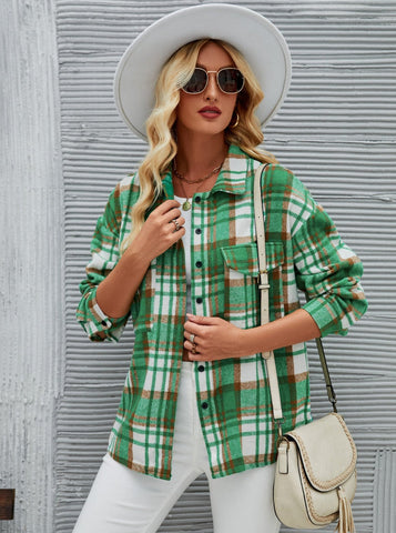 Sonicelife-Green Plaid Button Up Classic Long Sleeve Cardigan