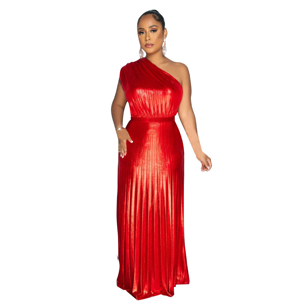 K10693 Women's Fashion Oblique Collar Sleeveless Slim-Fit Pleated Dress