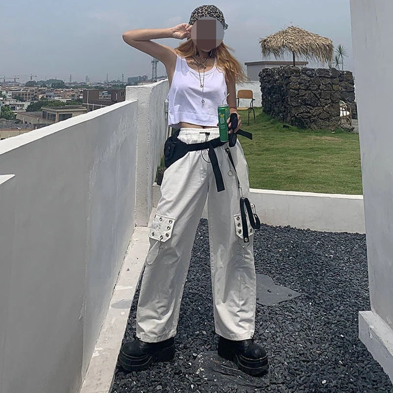 concert outfit Harajuku Block Hot Girl Pants Women Hong Kong Style Fried Street Pants Black Casual Gothic Style Street Hip Hop Tooling Wide Leg Pants