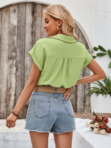 Sonicelife-Solid Color Short Sleeve Button Down Crop Top