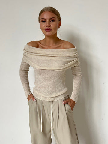 Sonicelife-Beige Off Shoulder Long Sleeves Pull Over Shirt