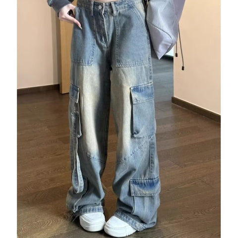 grunge outfits American High Street Vibe Hot Girl Workwear Jeans Women's Small High Waist Loose Slimming Wide Leg Straight Trousers Fashion
